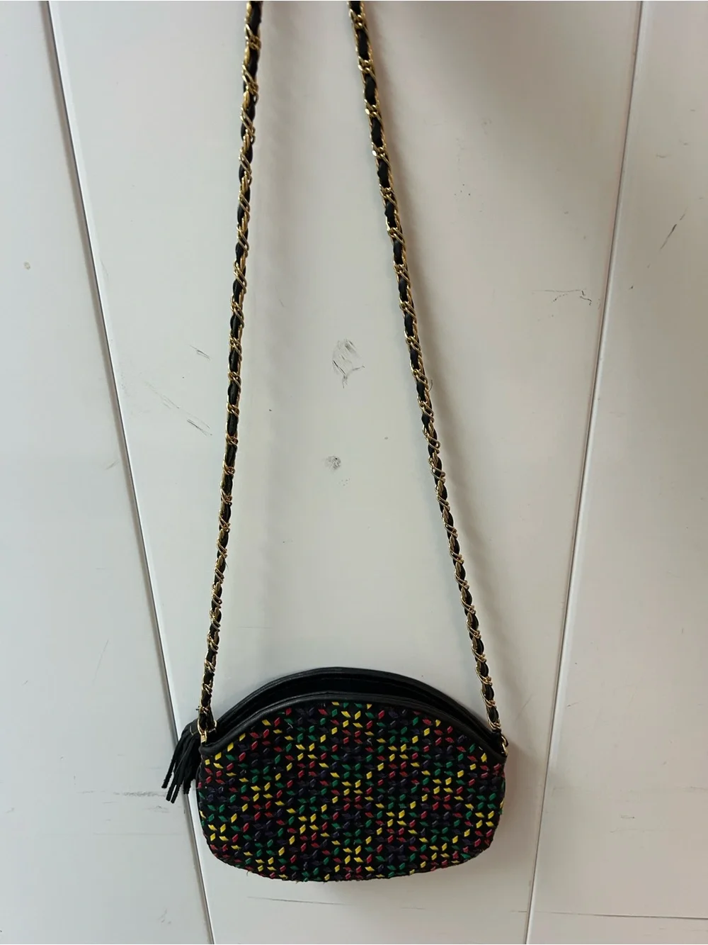 VTG Black LEATHER Multicolor Woven Crossbody Bag